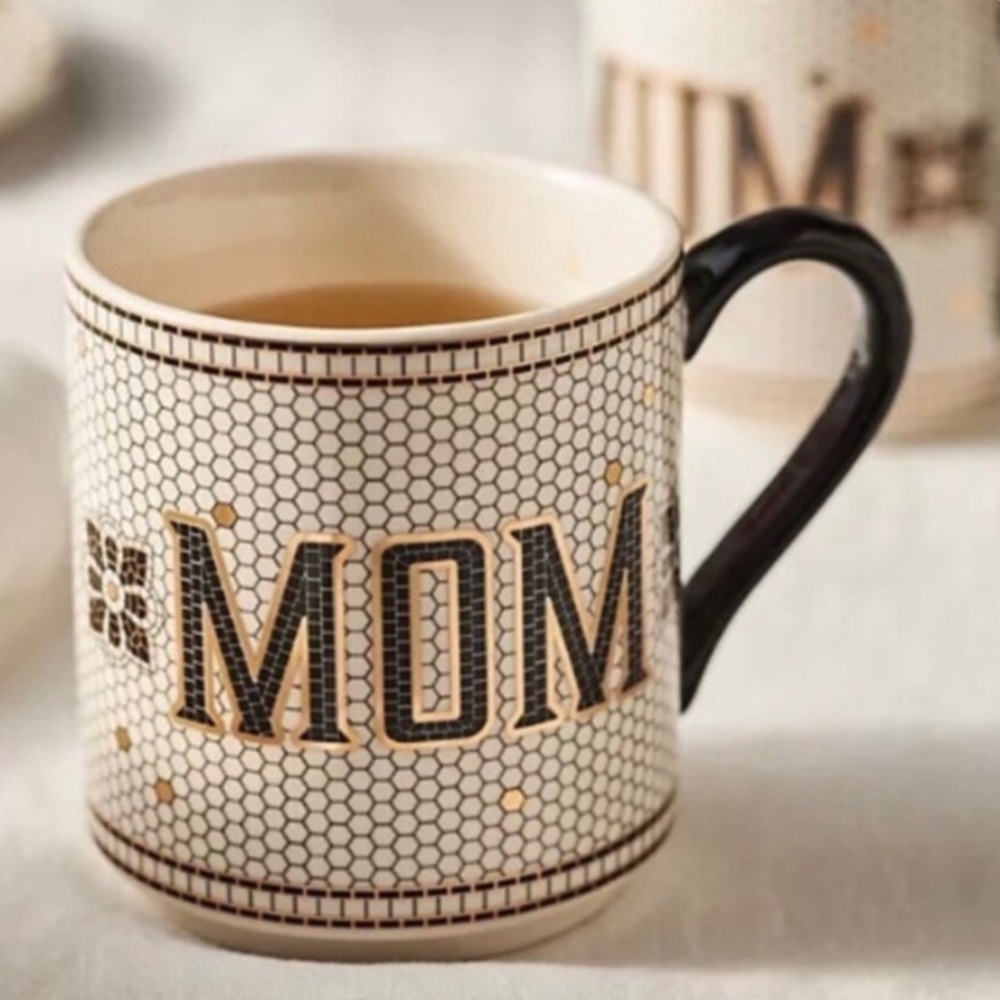 Anthropologie Bistro Tile Mom Mug 24K Gold Decaled Glazed Stoneware NIB NWT